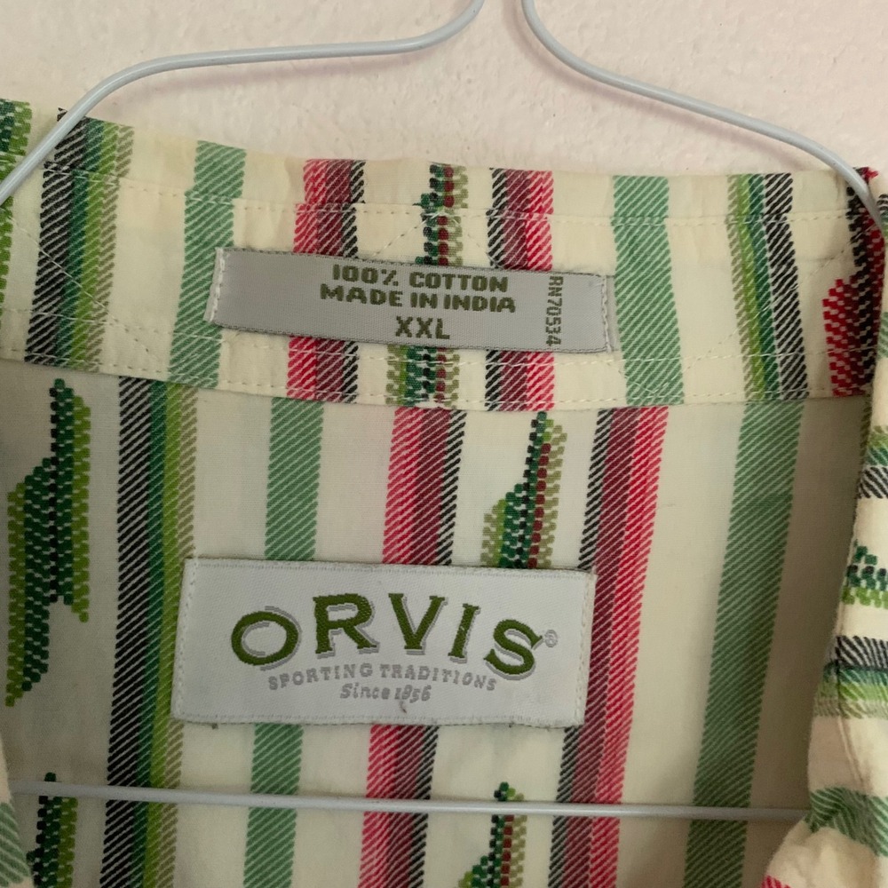 Orvis XXL‎ Shirt Green Red Striped Southwestern Cotton Short Sleeve Button Up - Picture 4 of 5